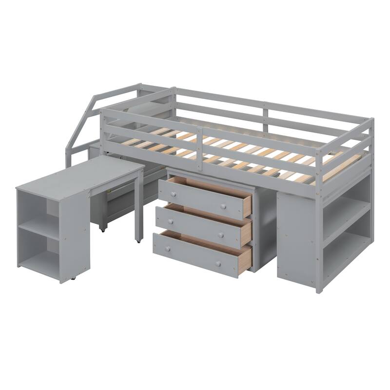 Pine Wood Bed Low Loft Bed with Retractable Writing Desk, 3 Drawers