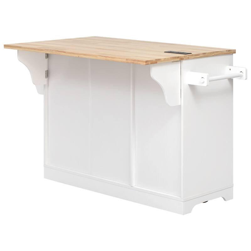 59.3" Rolling Kitchen Island with Drop Leaf, Power Outlet & Trash Can Storage