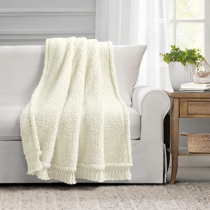 Lush Decor Sherpa Tassel Fringe Throw Blanket - Ivory