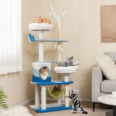 Multi-level Cat Tower with Sisal Covered Scratching Posts-Blue - 23” x 19” x 65” (L x W x H)