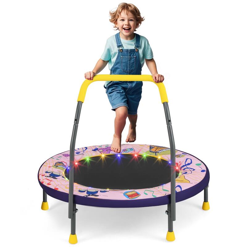 Foam Kids Trampoline with LED Lights, Foldable Frame and Handrail - Pink