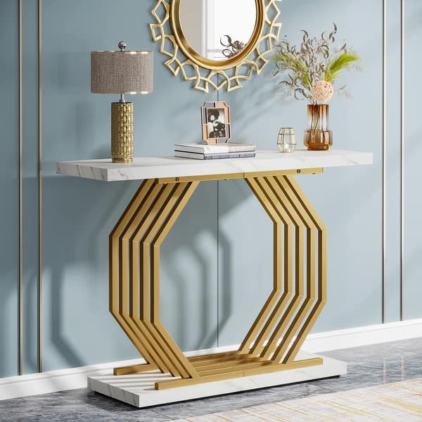 slide 2 of 8, Modern Gold Console Table, Faux Marble Entryway Table Sofa Table, 40 Inch Modern Accent Table for Living Room Gold