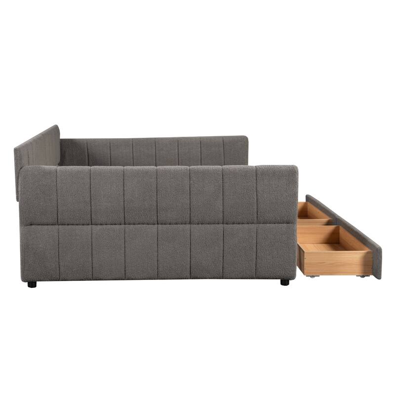 Queen Size Platform Storage Bed Frame Upholstered Daybed with USB and 2 Drawers, Low Profile Sofa Bed with Storage Underneath