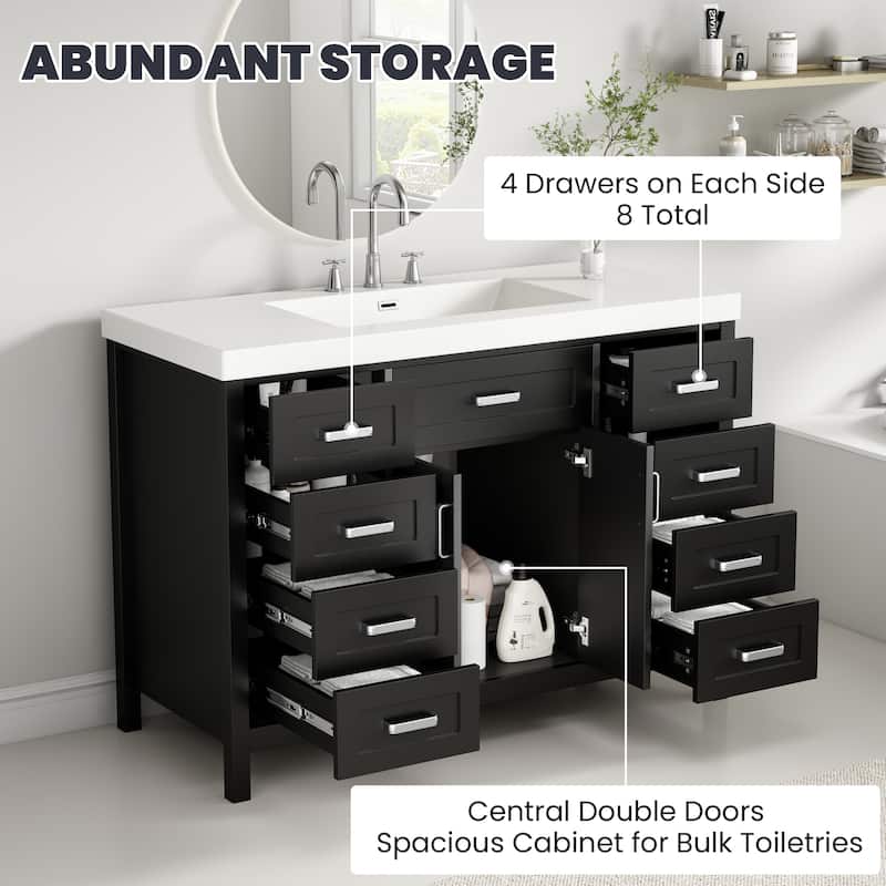 48" Freestanding Bathroom Vanity with Sink, 2 Doors, 8 Soft-Close Drawers, Resin Top and Storage Cabinet