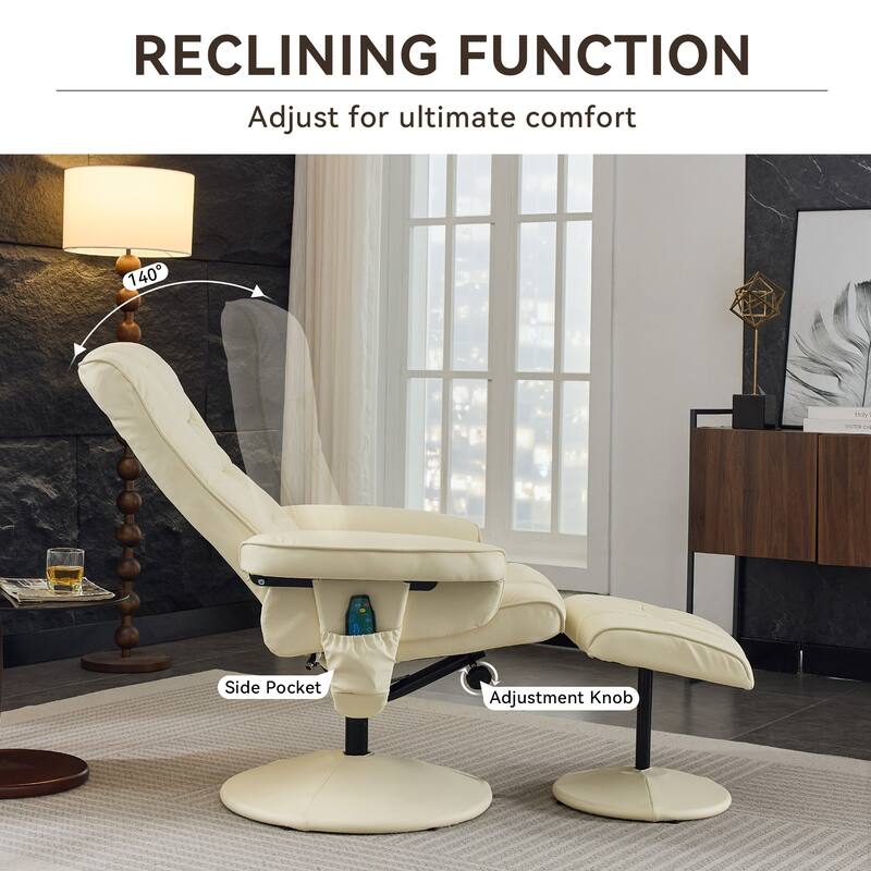 Recliner Chair with Ottoman - 360° Swivel Massage Lounge Chair with 5-Point Vibration & Heated Seat, 140° Adjustable PU Recliner