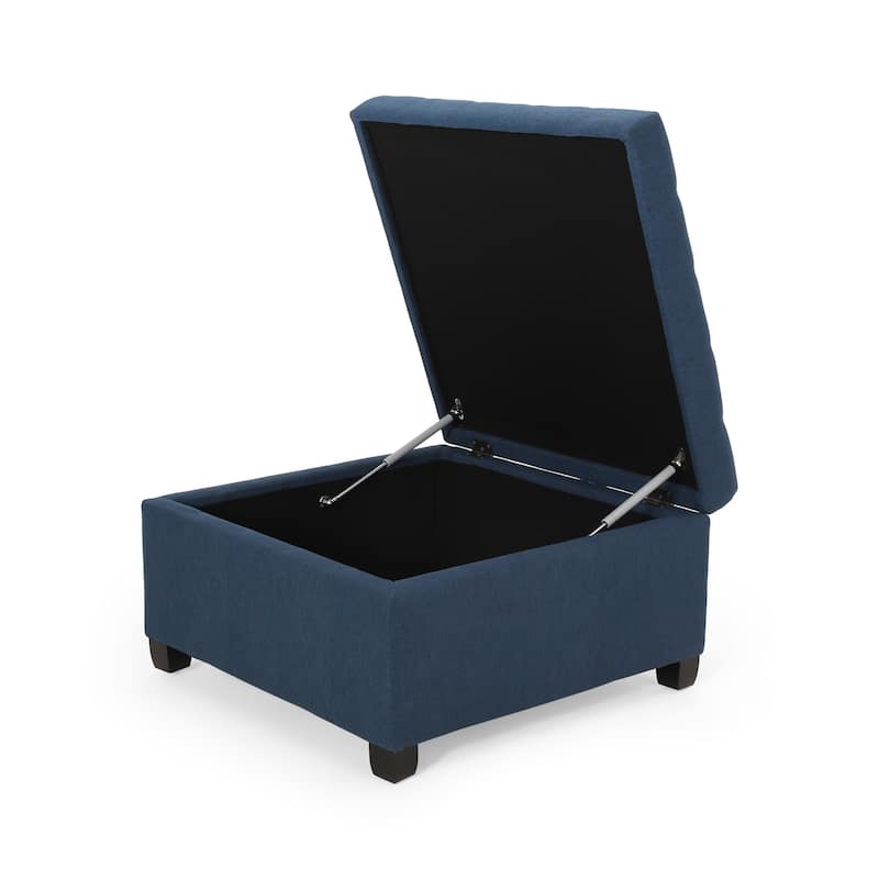 Cindy Ottoman, 31 Inch Square w Storage, Birch Wood, Blue Polyester