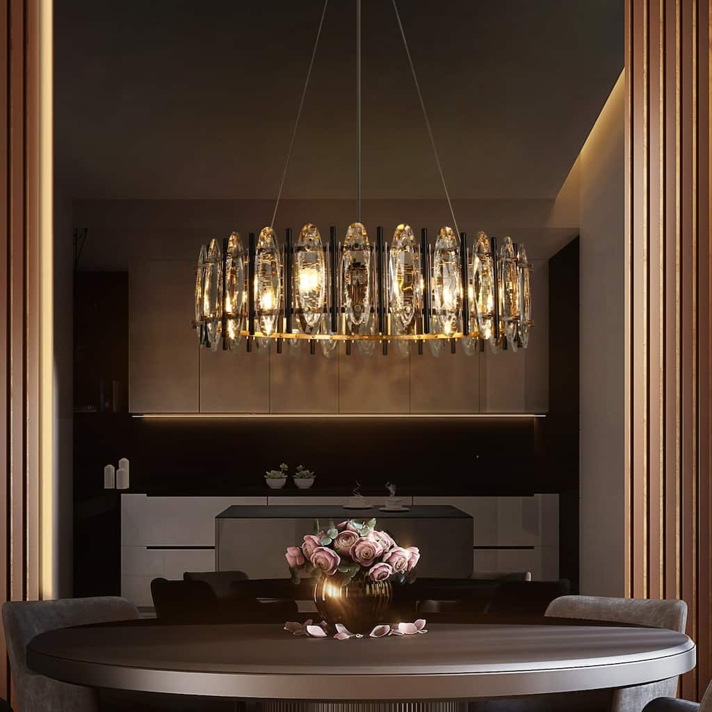 Modern 6-Light Drum Crystal Chandelier Black Gold Lights for Dining Living Room Bedroom - Dia. 24.8" x H 7.5"