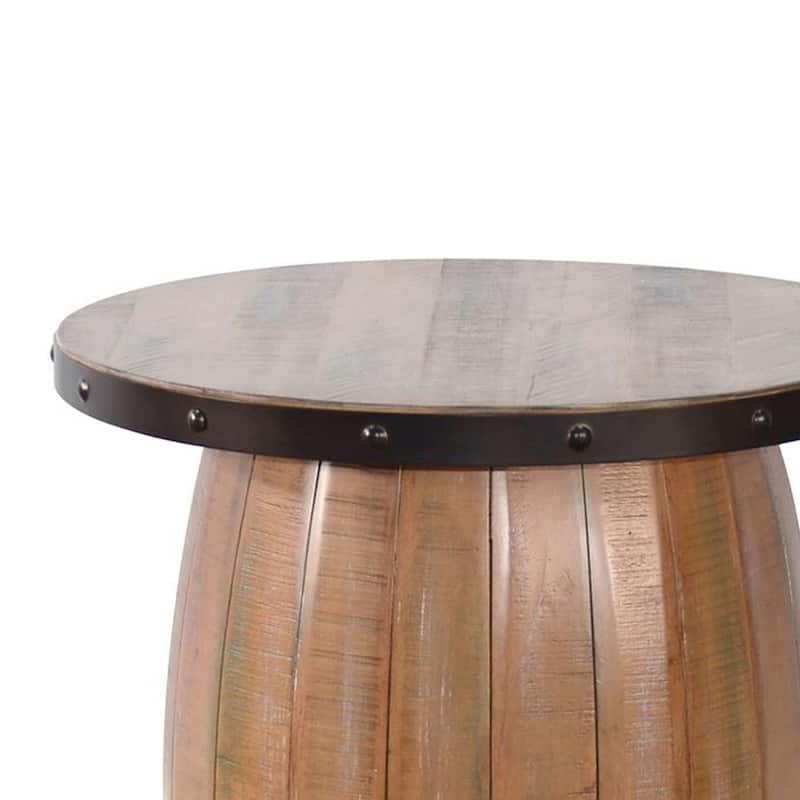 Selano End Table, 24 Inch Round Plank Top, Barrel Base, Brown Solid Wood