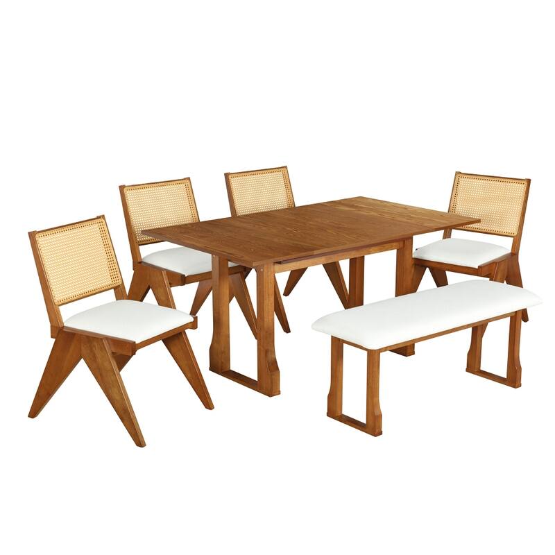 6-Piece Extendable Dining Table Set with Removable Leaf, Long Bench