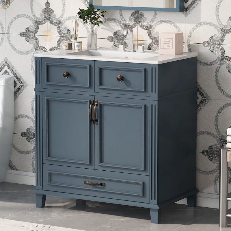 Bathroom Vanity with Resin Sink, Bathroom Cabinet with Soft Closing Doors, Bathroom Vanity Set with Solid Wood Frame - Blue