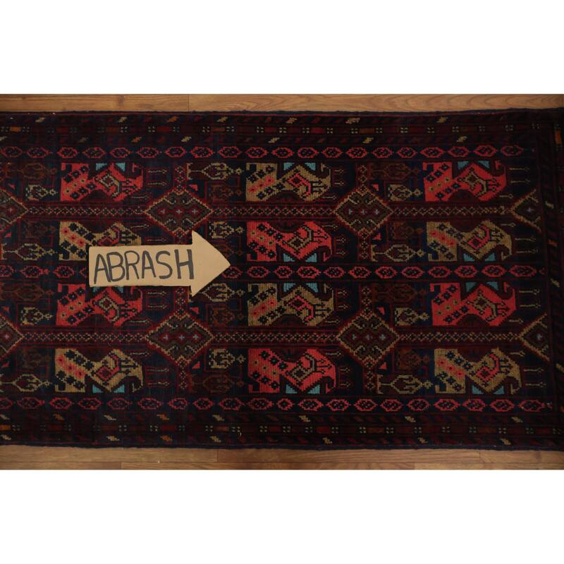Hand Knotted Oriental 100% Wool Carpet Traditional Geometric Red Balouch Area Rug - 3' 7'' X 1' 10''