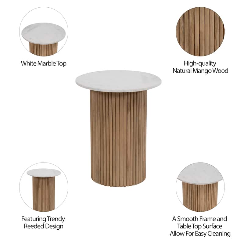 Sagebrook Home Mango Wood & Marble Accent Table with Reeded Base, MDF Support, and Contemporary Cylinder Design