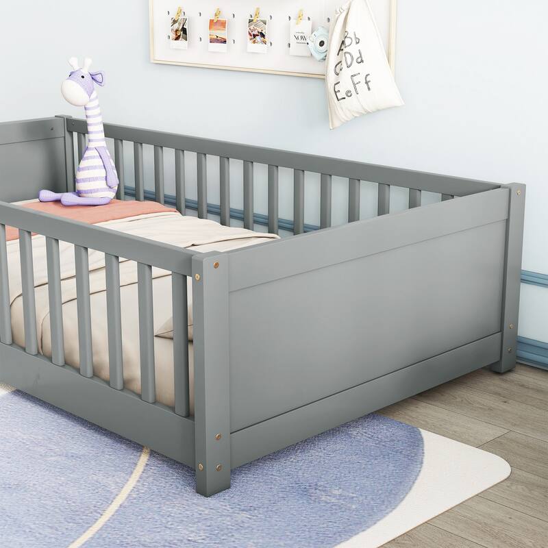 GDFStudio - Kensington Twin Floor Platform Bed with Built-in Book Storage Rack and Guardrails