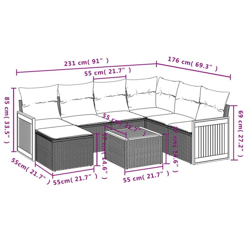 vidaXL 7/8 Piece Patio Sofa Set with Cushions Black/Gray Poly Rattan - 24.4 x 24.4 x 27.2