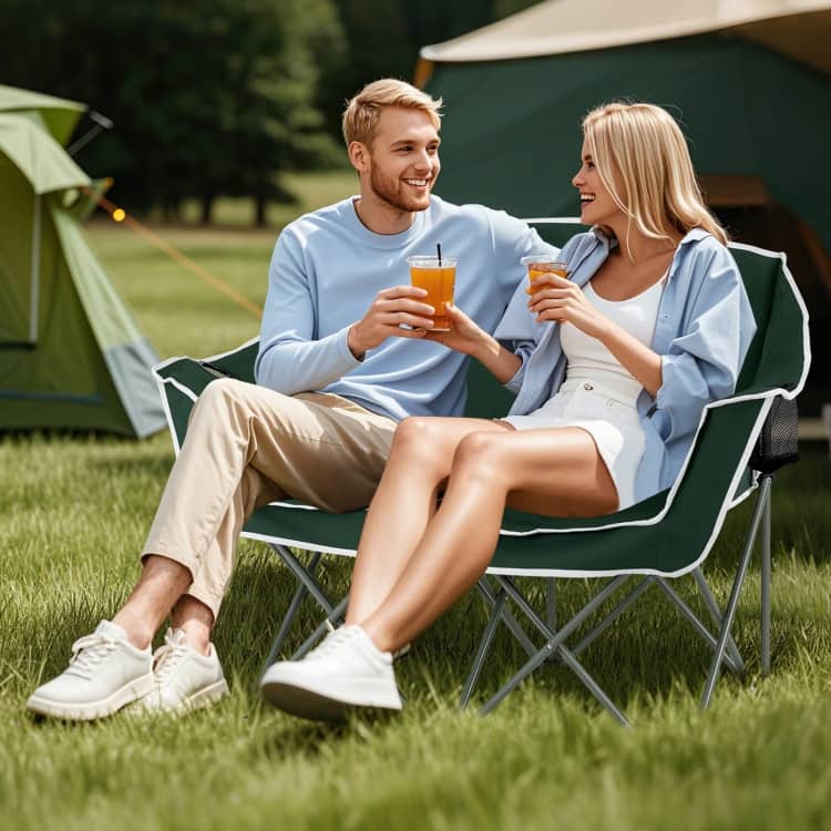 Green Oxford Cloth Metal Folding Camping Loveseat with Cup Holders