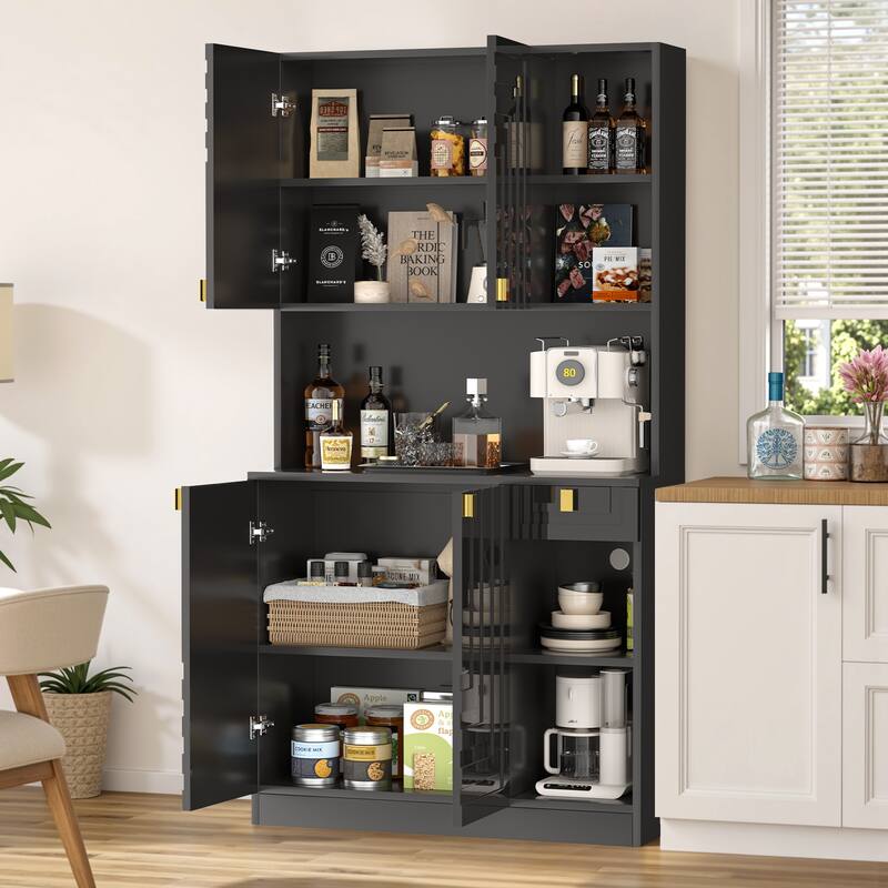 Pocassy 71" Hutch Cabinet with Countertop & Power Outlet - Black
