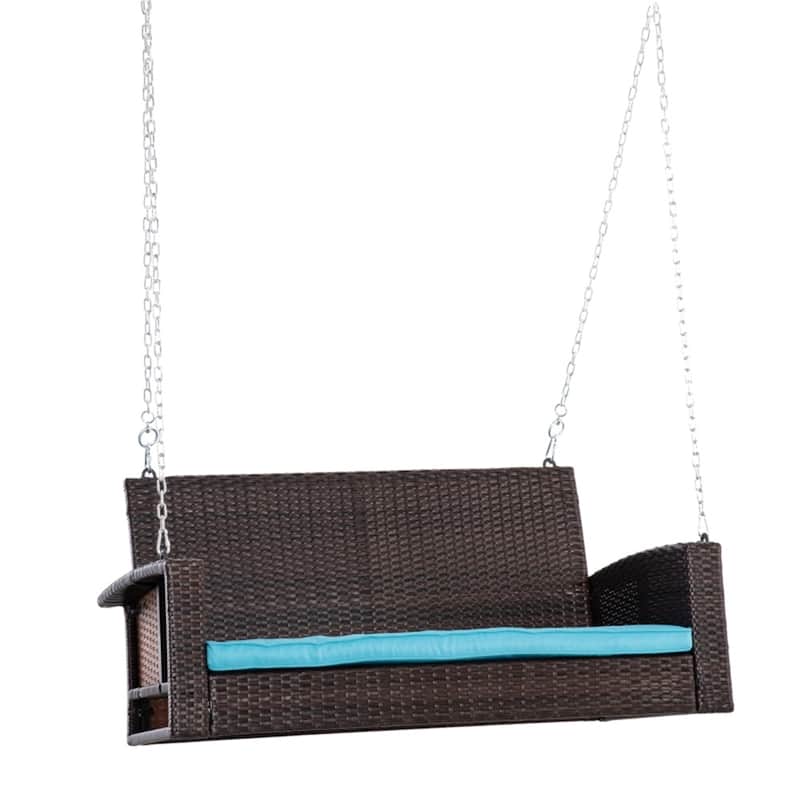 Outdoor PE Rattan Porch Swing Bench with Cushion and Chains for 2 Person Hanging Patio Seat - 50" L x 25.5" W x 23.5" H - Coffee Brown, Sky Blue 