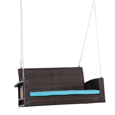 Outdoor PE Rattan Porch Swing Bench with Cushion and Chains for 2 Person Hanging Patio Seat - 50" L x 25.5" W x 23.5" H