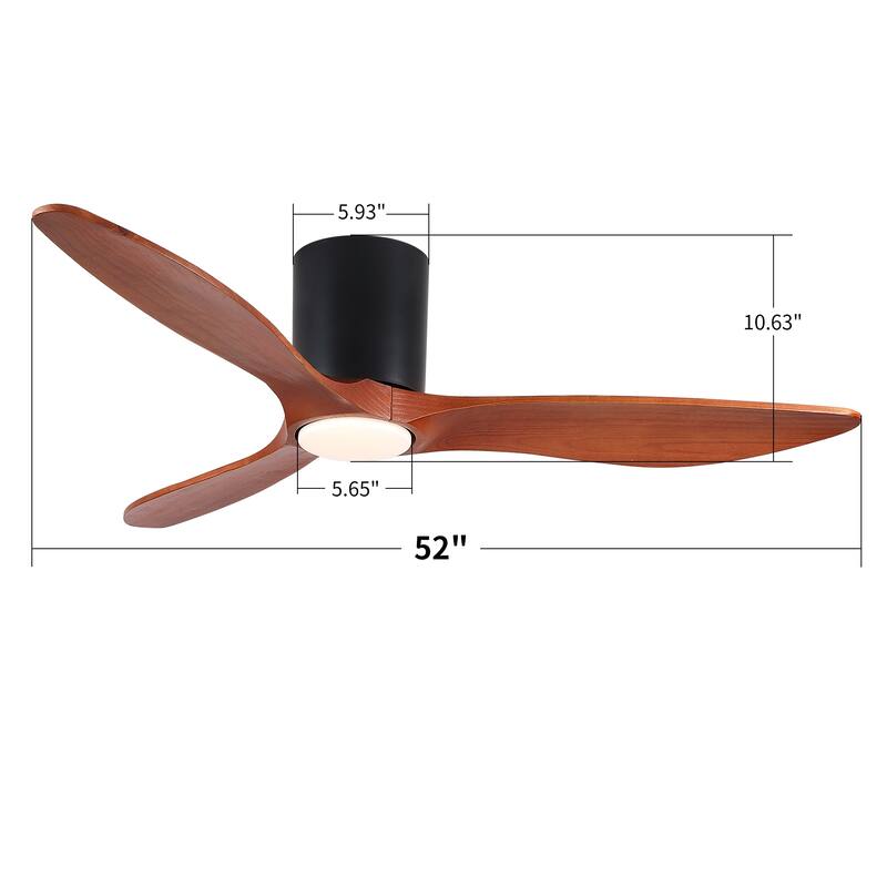 52" Mordern Farmhouse Retro Solid Wood Low Profile Flush Mount Ceiling Fan with Light and Reversible Quiet Motor