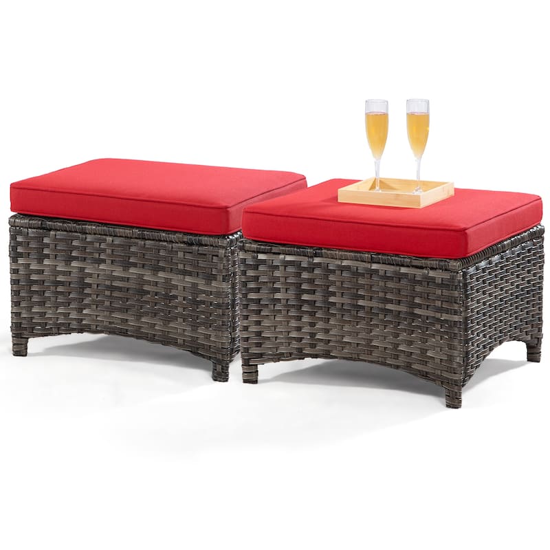 Cozywor 2-Piece Wicker Outdoor Patio Ottoman Set with Cushions