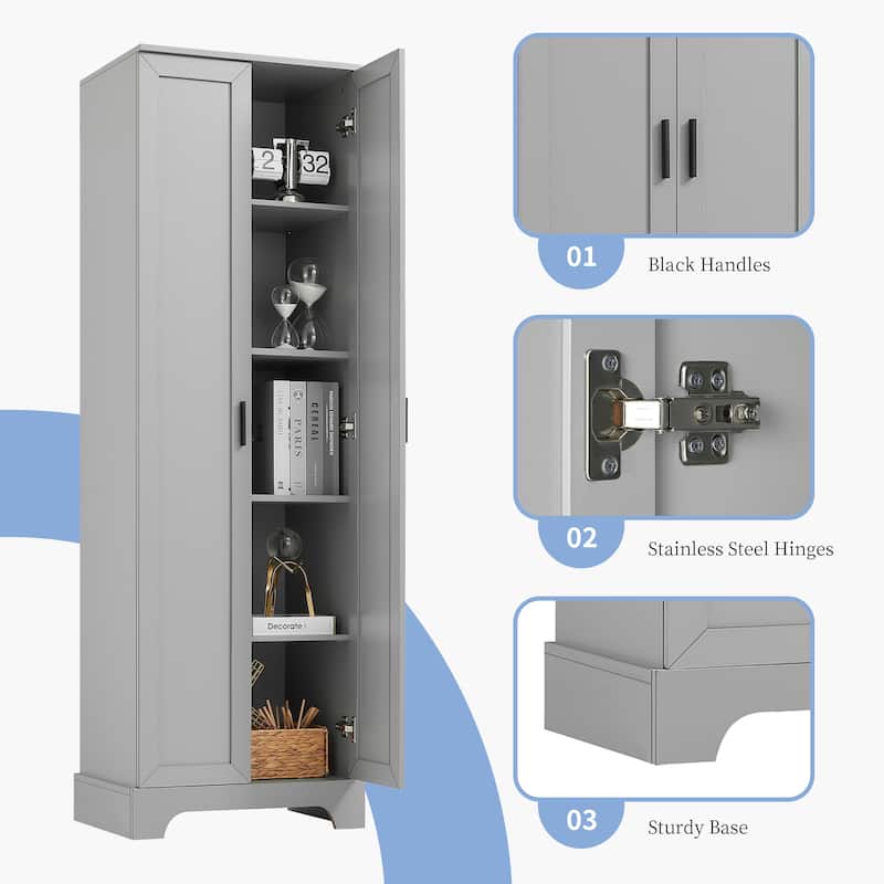 Freestanding Storage Cabinet with Doors, 5-Tier Shelving & Adjustable Shelves, Tall MDF Unit for Bathroom or Pantry