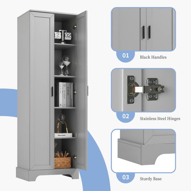 Roomfitters Tall 2-Door Storage Cabinet with 5-Tier Adjustable Shelves, Modern MDF Linen Tower for Bathroom & Office