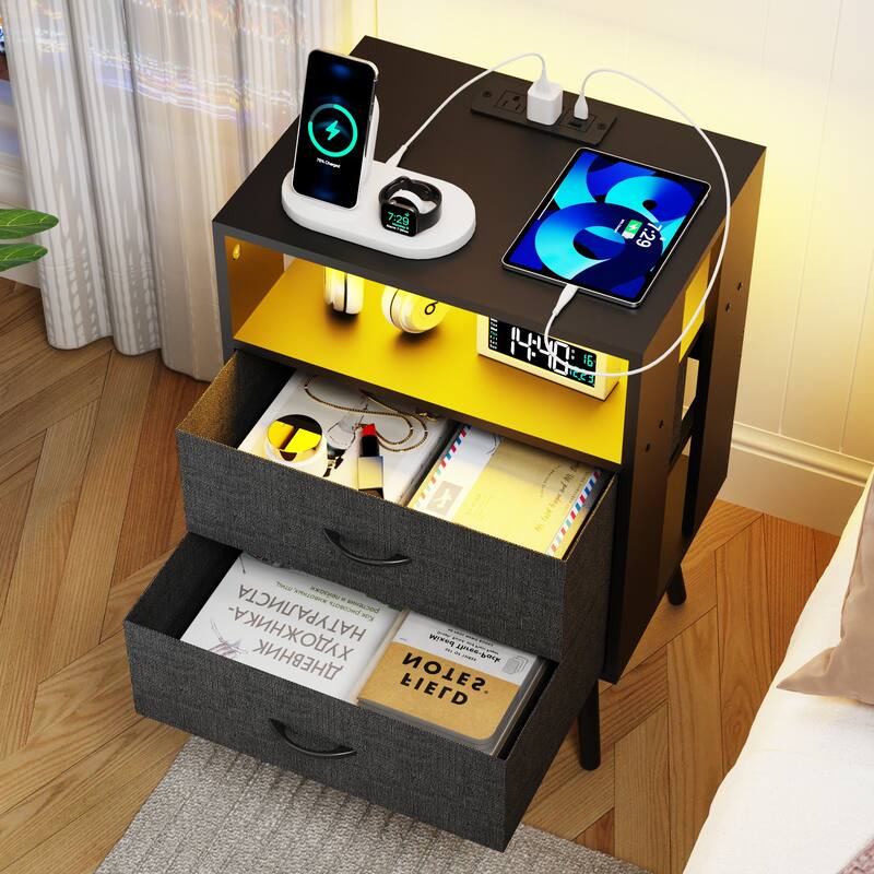 2 Pack Modern LED Nightstand with Charging Station and Fabric Drawers