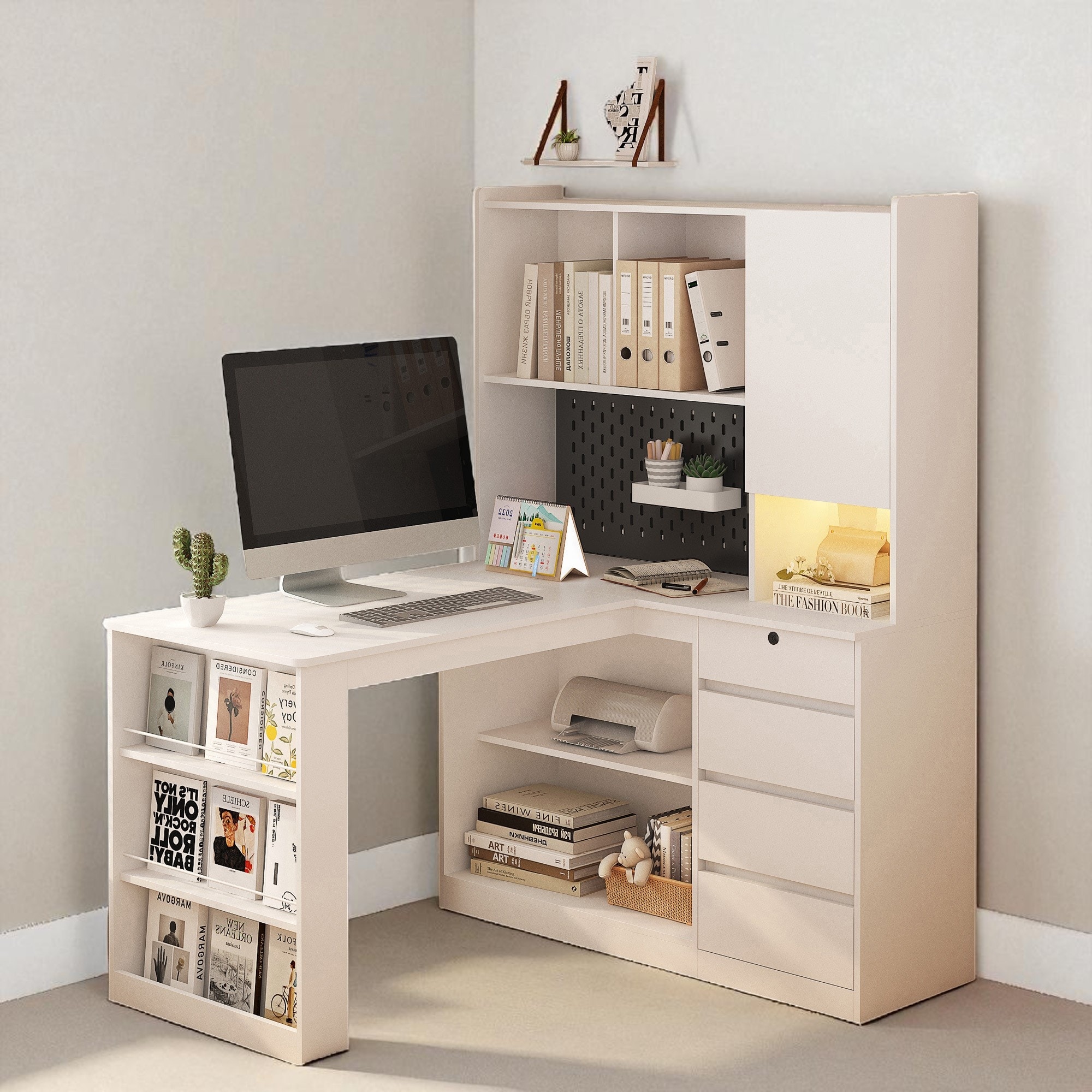 L-Shaped Computer Desk with Charger, Drawers, Bookshelf & LED Lights, Corner Home Office Writing Study Table