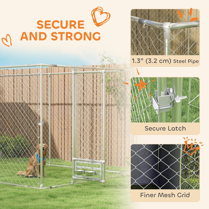 PawHut Large Outdoor Dog Kennel, Heavy Duty Dog Kennel Outside with Waterproof & UV-Resistant Cover, Rotating Bowls Door
