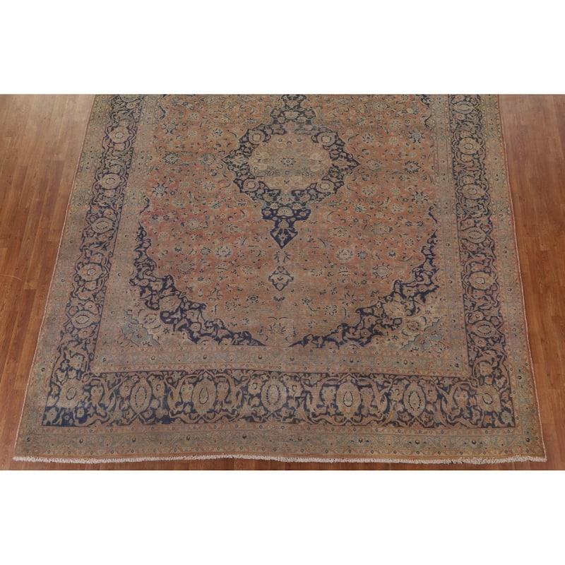 Distressed Kashan Persian Antique Area Rug Handmade Wool Carpet - 9'9" x 13'3"