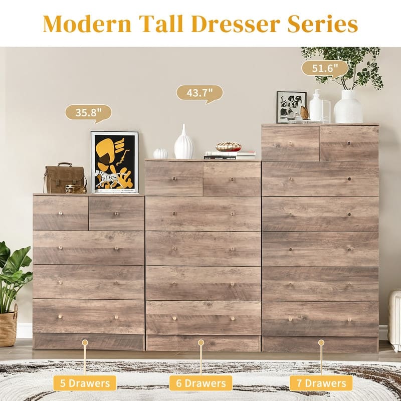 Large 7-Drawer Dresser For Bedroom And Chest Of Drawers With Sturdy Construction Wood Storage Organizer For Closet
