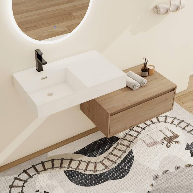 Malwee 30"/60" Floating Bathroom Vanity, Wall Mounted Bathroom Vanity with Single/Double Sink and Soft Close Drawers - 30"×18" - Brown-Left Sink