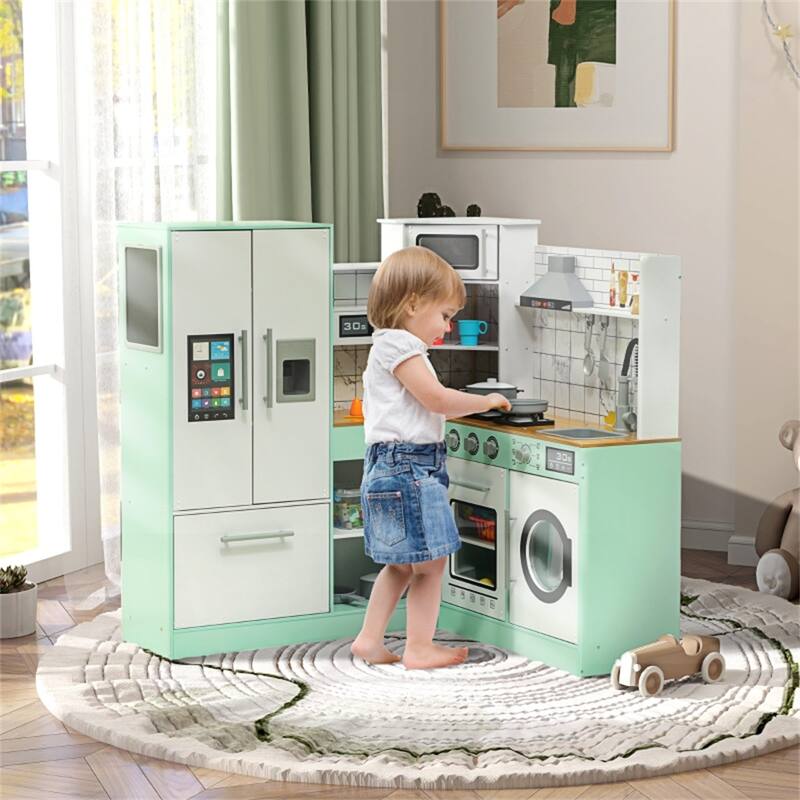 Kids Deluxe Wooden Kitchen Playset with Light Sound Range Hood Sink Chalkboard and Storage Green White