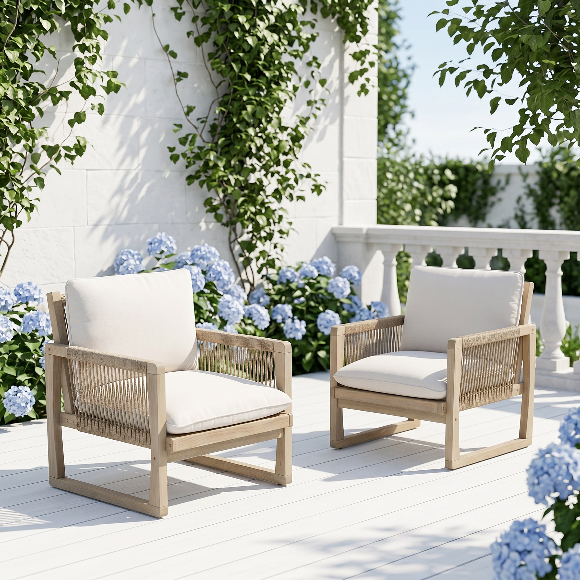 Outdoor Conversation Chair Set 2-Piece Acacia Wood Patio Single Sofa Outdoor Club Chair Rope Weave Arm Chair Weather resistant