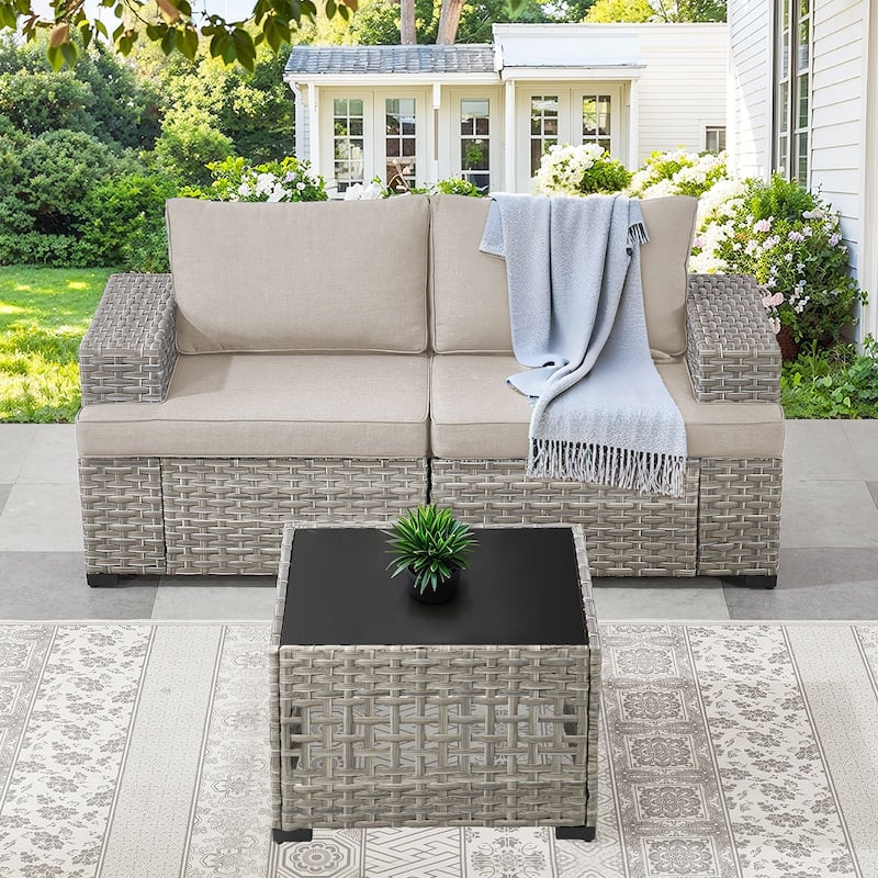 Pocassy Outdoor Sectional Sofa Patio Furniture Sets with Thickened Cushions - Beige Cushion - Sectional Sofa with Coffee Table