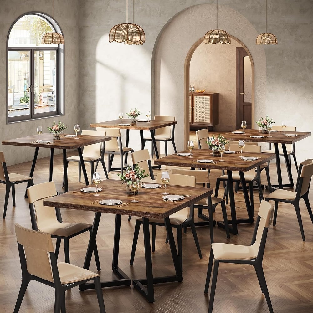 Square Dining Table Set, 31.5" Industrial Dinner Table with Metal Base
