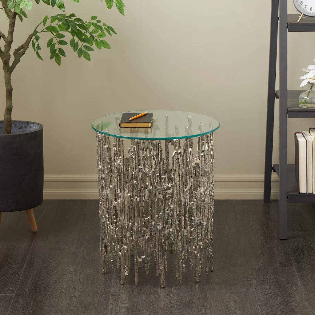 Silver Aluminum Metallic Cutout Abstract Accent Table with Glass Tabletop