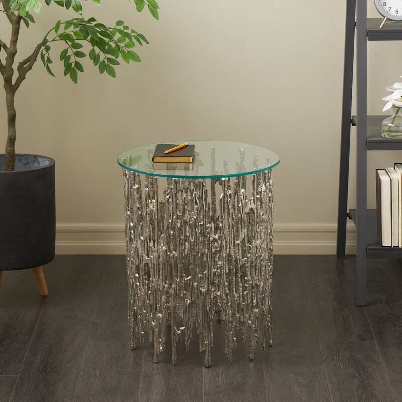 Silver Aluminum Metallic Cutout Abstract Accent Table with Glass Tabletop - Silver