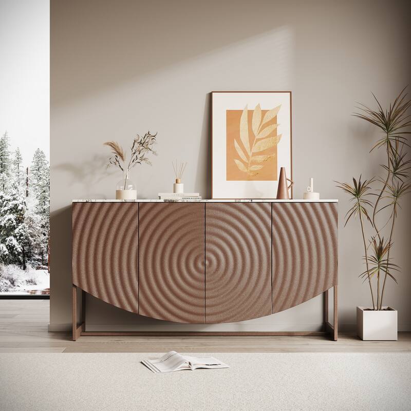 62" Luxury Buffet Cabinet with Faux Marble Top, Wave Texture Doors, Modern Kitchen Storage Credenza, Accent Sideboard with Shelf