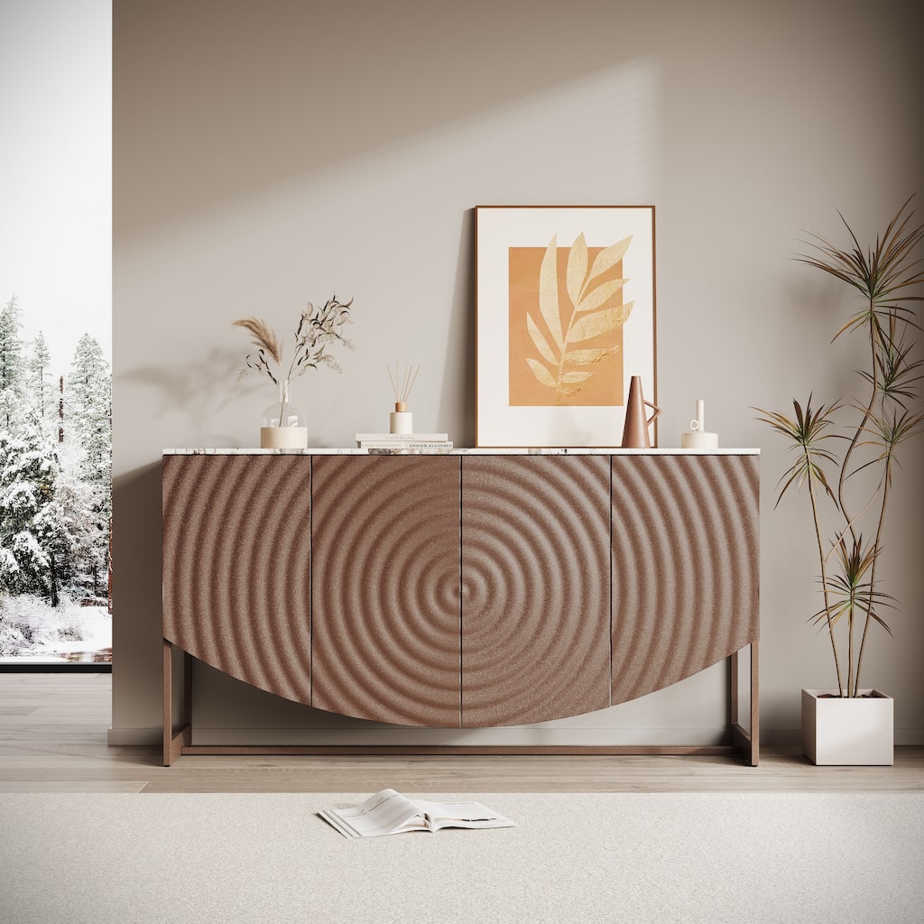 Modern Luxury 3 D wave Buffet Cabinet with Marble-like sticker Counter Top for Living room and Dining room