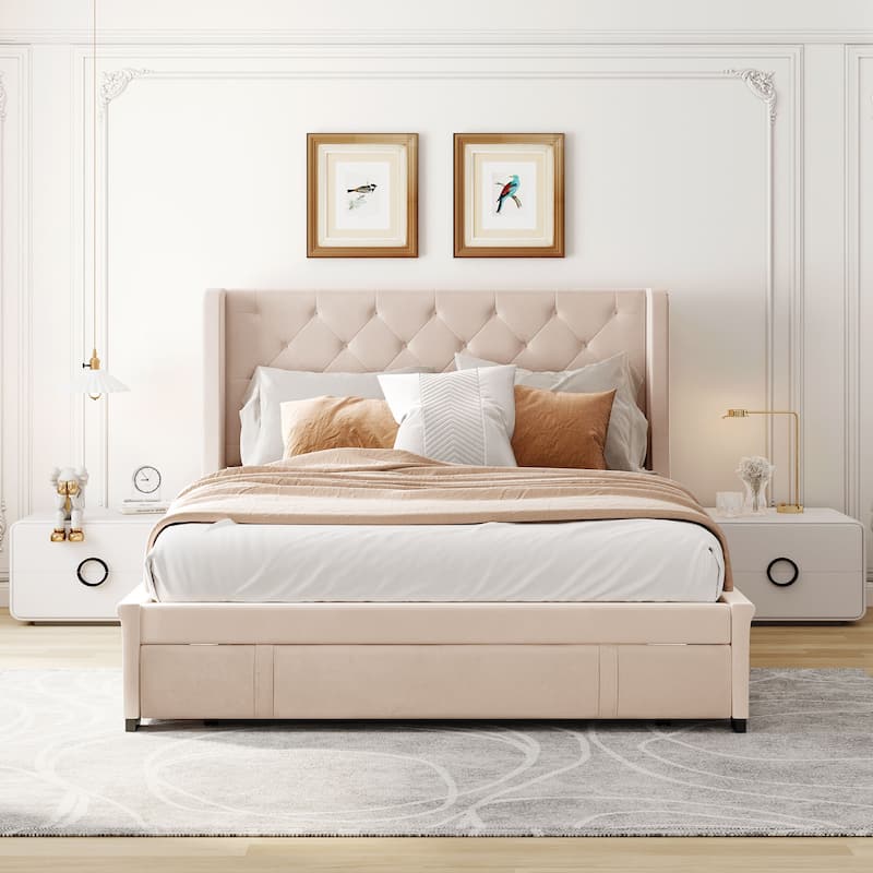 Queen Size Storage Bed Velvet Upholstered Platform Bed with Wingback Headboard and Large Drawer - Beige