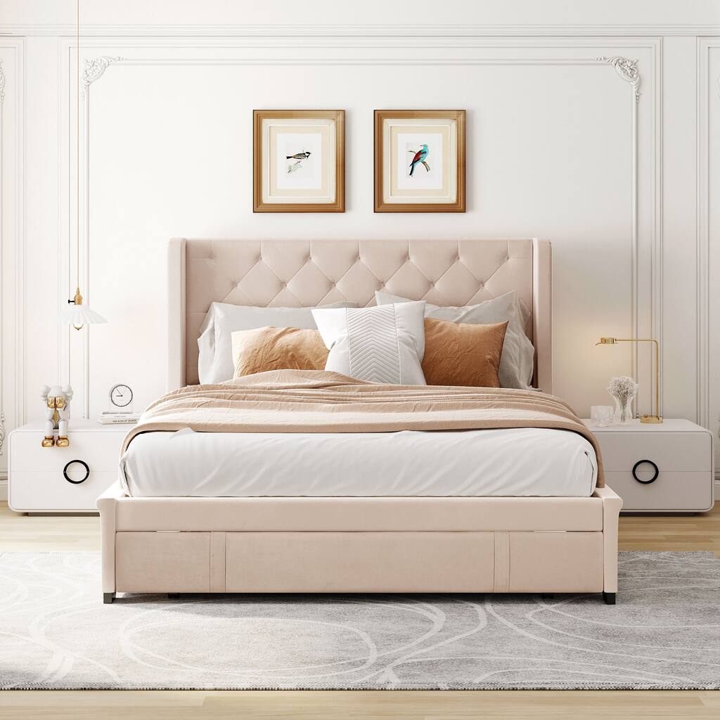 Queen Size Storage Bed Velvet Upholstered Platform Bed with Wingback Headboard and a Big Drawer-Beige