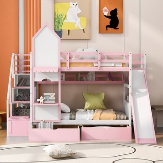 Twin Castle Style Bunk Bed with 2 Drawers, 3 Shelves and Slide, Pink