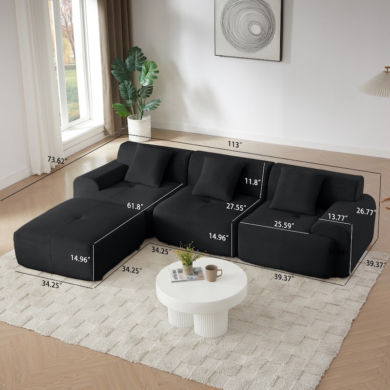 113" Modern L-Shaped Corduroy Upholstery Modular Sectional Sofa with Deep Seat and Movable Ottoman