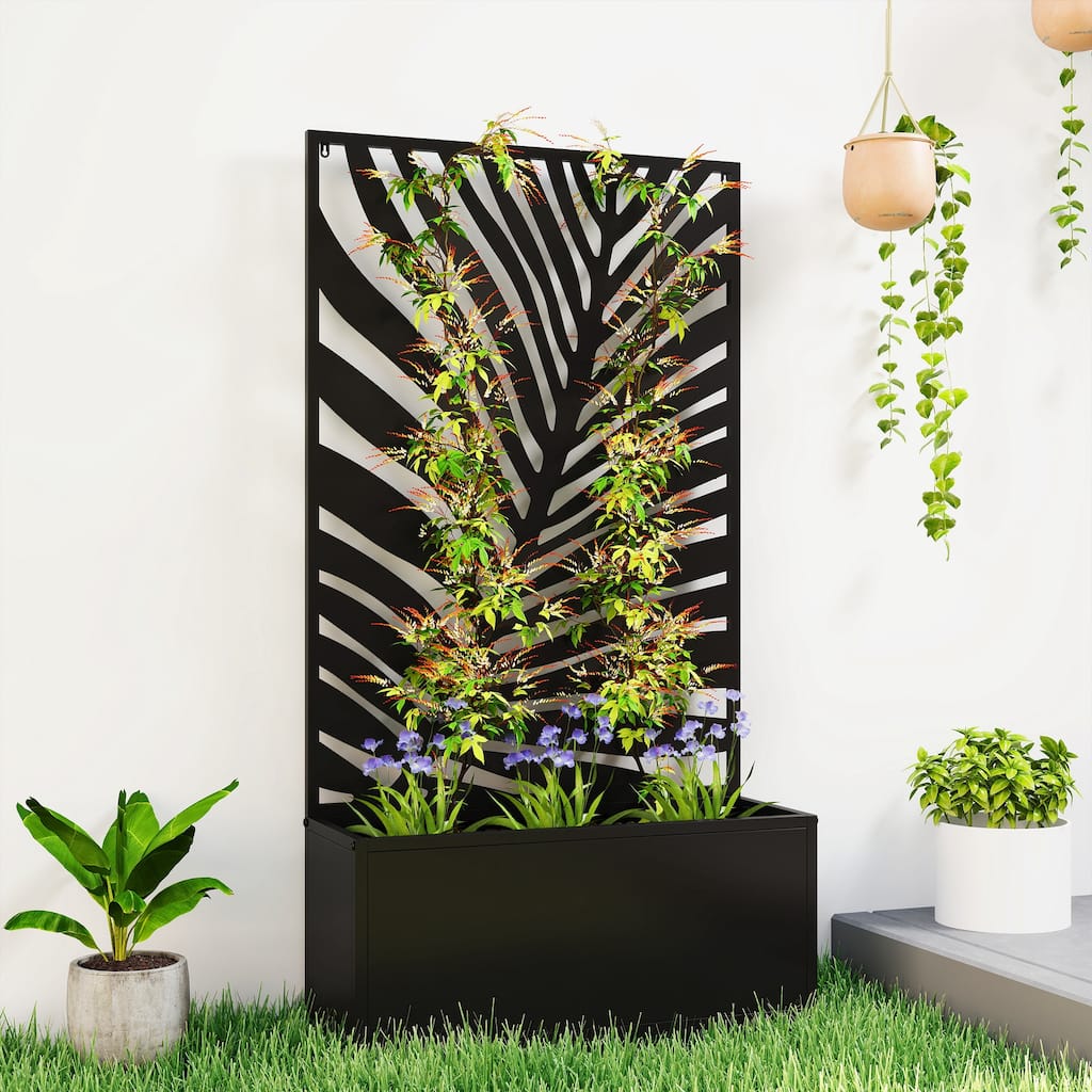 Outsunny Metal Raised Garden Bed with Trellis for Climbing Plants, Freestanding or Wall Mounted Flower Bed with Privacy Panel