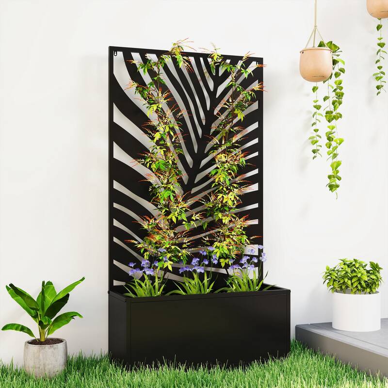 Outsunny Metal Raised Garden Bed with Trellis for Climbing Plants, Freestanding or Wall Mounted Flower Bed with Privacy Panel - Black