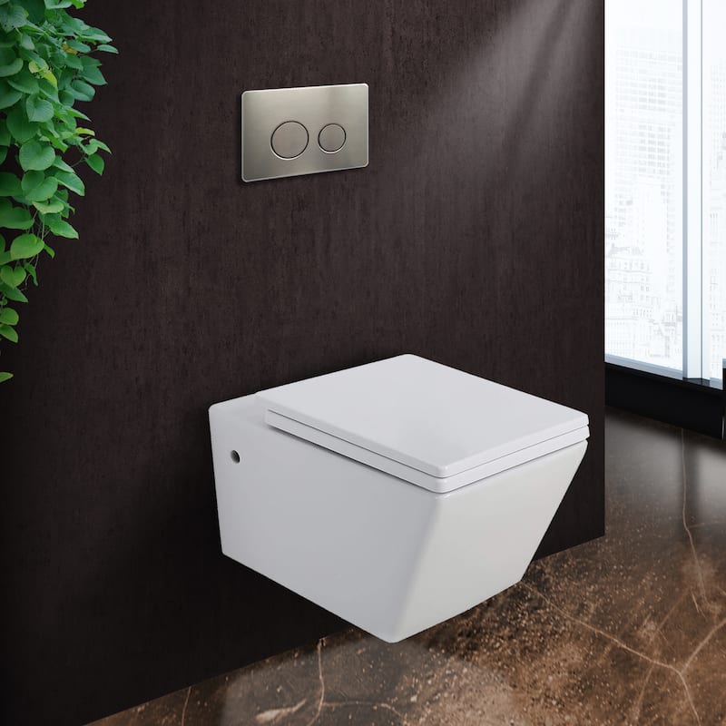Toilet Combo Set - Toilet Bowl With Soft-Close Seat, 2"x 4" Concealed Tank And Carrier System, Push Buttons Included. - Satin Nickel Round - Push Plates (Metal)