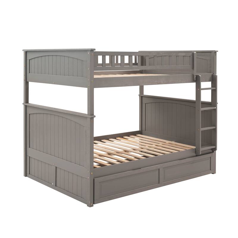 Full Over Full Bunk Bed with Twin Trundle, Pine Wood, Brushed Gray, Space-Saving Solution