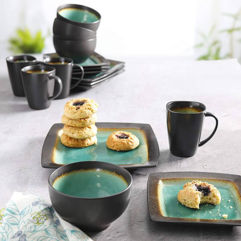 Gibson Elite Ocean Paradise 16 Pc Square Stoneware Dinnerware Set Jade - 8' x 10'