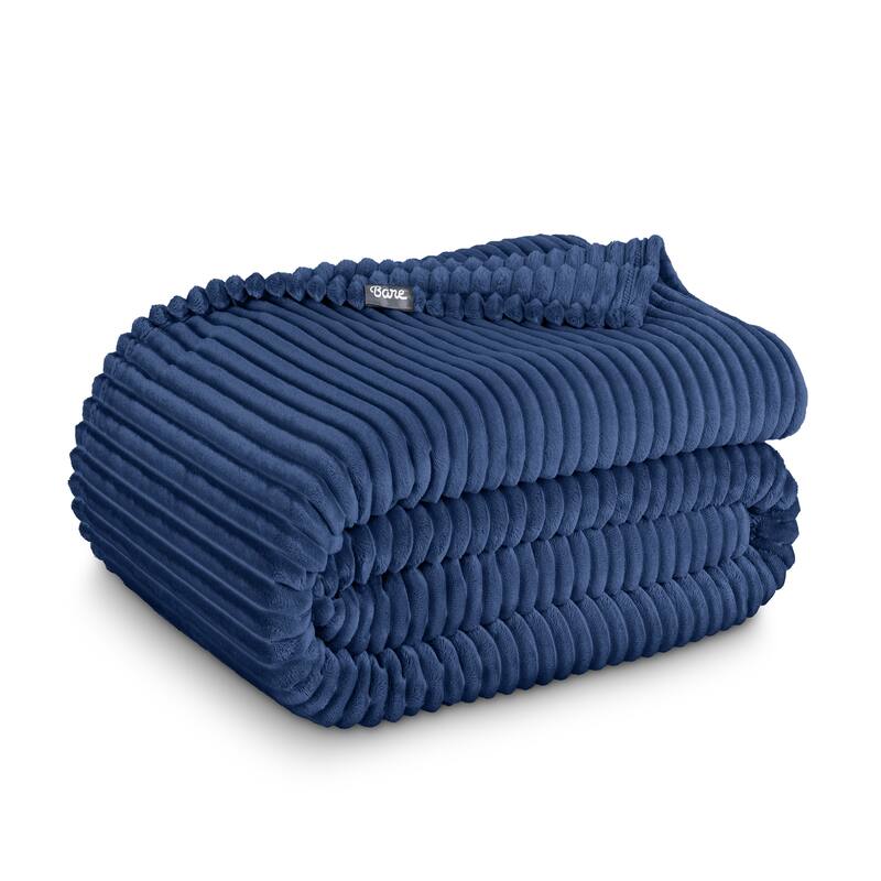 Bare Home Microplush Fleece Blanket - Ultra-Soft - Cozy Fuzzy Warm - King - Ribbed Dark Blue